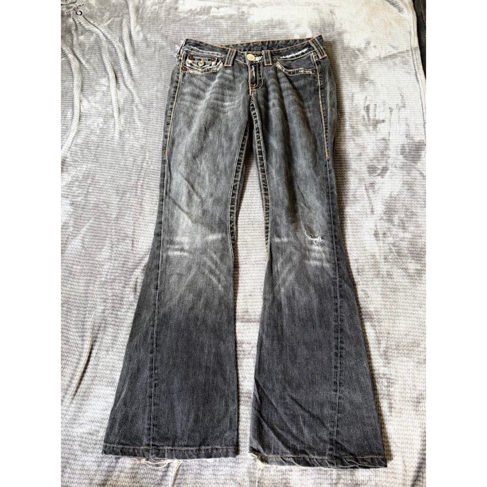 True Religion Joey Twisted Flare Jeans Black Faded Denim Made in USA Size 28x32
